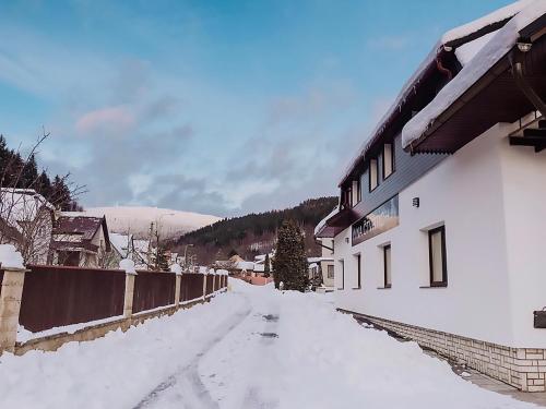 une rue enneigée à côté d'un bâtiment dans l'établissement Apartmány Na Čtvrtích, à Dolní Bečva