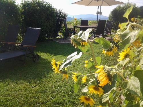 einen Garten mit Sonnenblumen, Stühlen und einem Sonnenschirm in der Unterkunft Ferienwohnung-Hajek in Sankt Ruprecht an der Raab