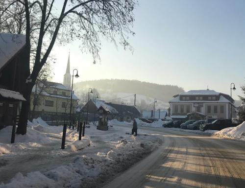 een persoon die in de sneeuw over een straat loopt bij Ubytování U Valašských ponožek in Hovězí