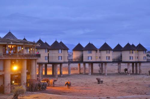 un groupe d'éléphants debout devant un bâtiment dans l'établissement Salt Lick Safari Lodge, à Tsavo