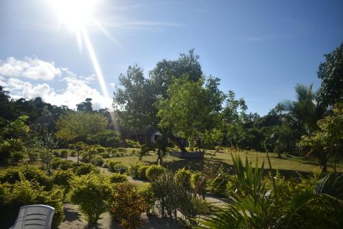 einen Garten vor einem Haus mit der Sonne am Himmel in der Unterkunft Alofa Beach Bungalows in Insel Tanna