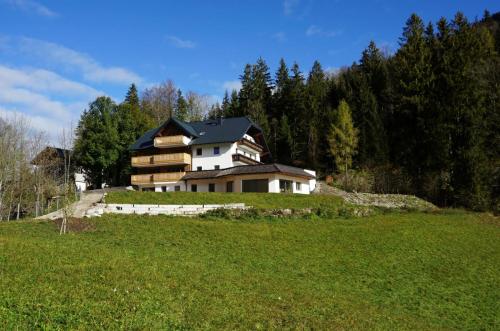 una grande casa in cima a una collina erbosa di Landhaus Seereith a Faistenau