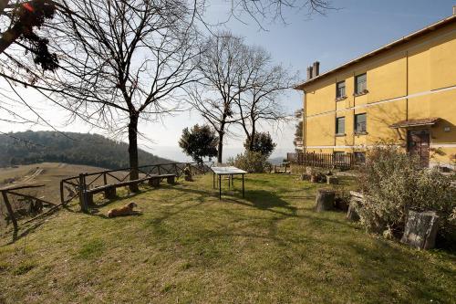 a dog laying in the grass next to a building at Agriturismo Fattoria Poggio Boalaio in Orvieto