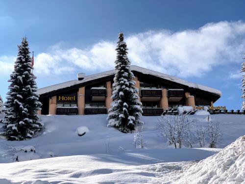 un hotel en la nieve con árboles delante en T3 Hotel Mira Val, en Flims