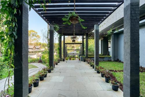 un jardín con pérgola y plantas en The Mountain Courtyard Thekkady, en Thekkady