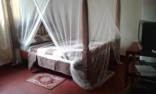 een slaapkamer met een bed met een klamboe bij Skyway Hotel in Entebbe