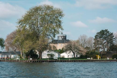 una casa a orillas de un lago con un árbol en Inselresort Wilhelmstein, en Steinhude