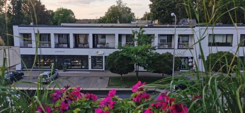 un edificio blanco con flores delante en #draugunamai, en Druskininkai