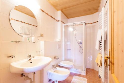 a bathroom with a sink and a toilet and a mirror at Gasthof Tuscherhof in Braies