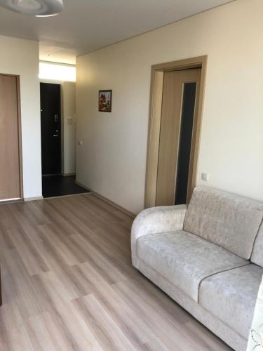 salon z kanapą i drewnianą podłogą w obiekcie Saulėti apartamentai w Połądze