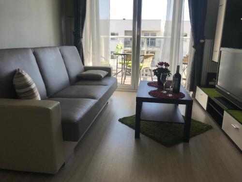 salon z kanapą i stołem w obiekcie Apartament Lucky w Pruszczu Gdańskim