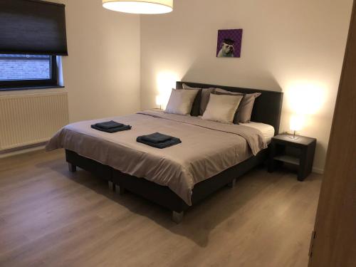 a bedroom with a large bed with two towels on it at Maaszicht in Maasmechelen