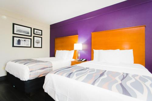 duas camas num quarto de hotel com paredes roxas em Palacio Royale Inn Signature Katy em Katy