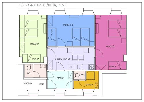 Načrt razporeditve prostorov v nastanitvi Dopravna Alžbětín