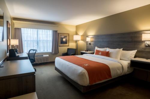 een hotelkamer met een groot bed en een bureau bij Amsterdam Inn & Suites Moncton in Moncton