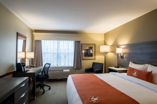 een hotelkamer met een bed, een bureau en een computer bij Amsterdam Inn & Suites Moncton in Moncton