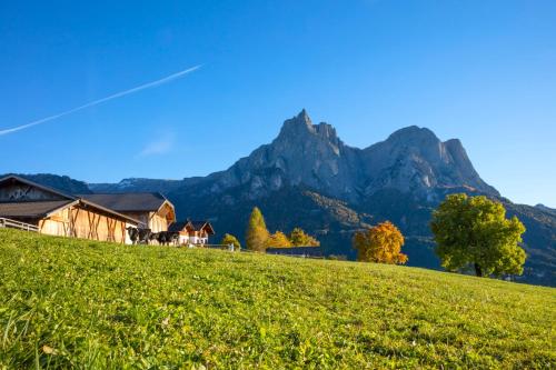 dom na wzgórzu z górami w tle w obiekcie Treffhof w mieście Siusi