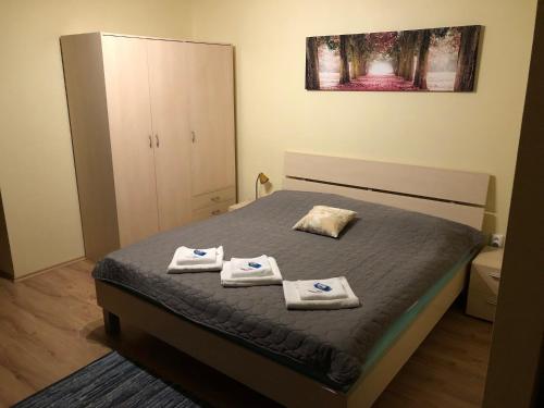 een slaapkamer met een bed met handdoeken erop bij Beška in Bešeňová