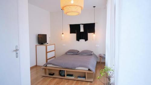 1 dormitorio pequeño con 1 cama y TV en Amety, en Colmar