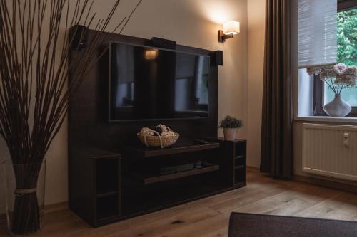 a living room with a tv on a black entertainment center at athome IHR Apartment in Chemnitz