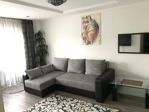 a living room with a couch and a tv at Fine Apartment in Jelgava