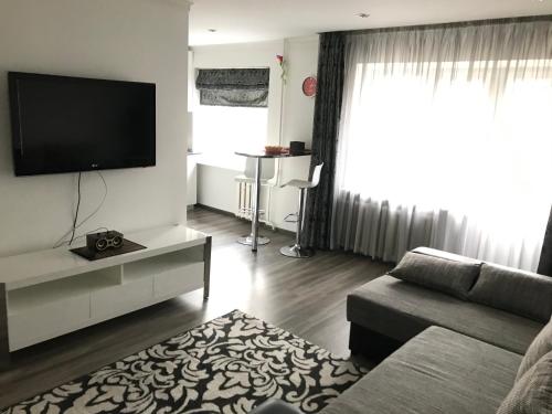 a living room with a couch and a flat screen tv at Fine Apartment in Jelgava