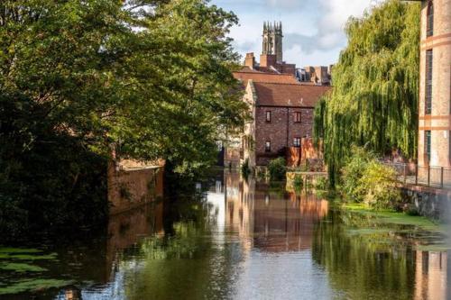 un fiume in una città con un edificio e alberi di Cocoa Isabella - River fronted with secure parking a York