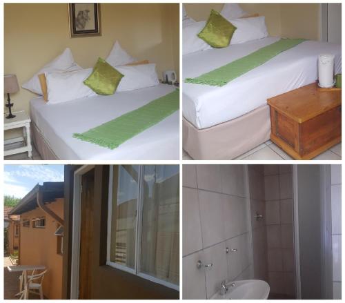 3 fotos de un dormitorio con cama y baño en Amberlight Self Catering Accommodation, en Krugersdorp