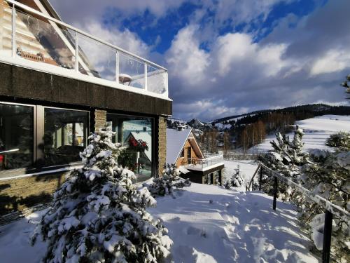 Una casa nella neve con un albero di Natale di Jaworki Green Dream a Szczawnica