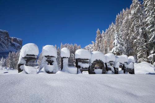 una casa cubierta de nieve con árboles en el fondo en Hotel Tabladel, en Colfosco