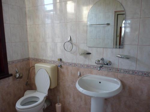 a bathroom with a toilet and a sink and a mirror at Guest House Zhelevi in Sozopol