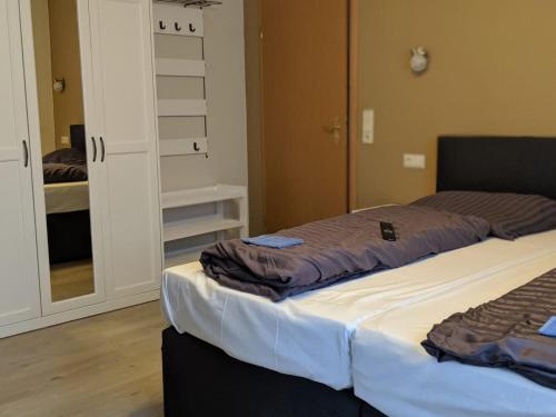 a bedroom with two beds and a mirror at Asiatisches Landhaus in Braunsbedra