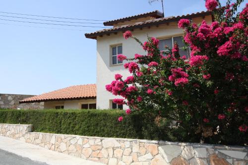 una casa con fiori rosa di fronte a un muro di pietra di Amoroza Villa a Pissouri