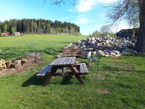 een picknicktafel in een veld met een berg stenen bij Penzion-Na Navsi in Horní Planá