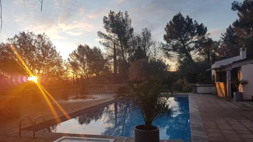 einen Pool mit einer Palme neben einem Sonnenuntergang in der Unterkunft Villa Manoe in Draguignan