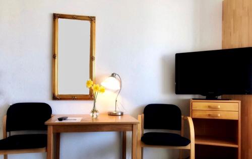 um quarto com uma mesa com duas cadeiras e uma televisão em Medio Apartments em Fredericia