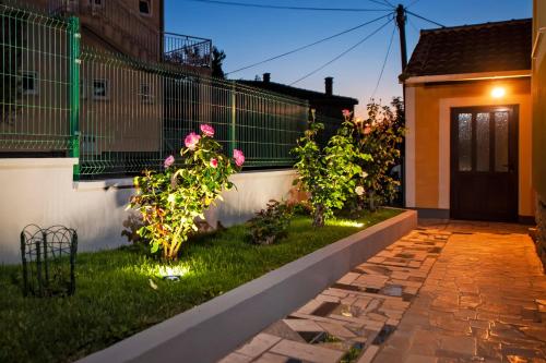 um jardim com rosas rosas em frente a uma casa em Apartments Euphemia em Rovinj