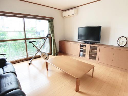 ein Wohnzimmer mit einem Sofa und einem TV in der Unterkunft Itsukaichi First Villa Hiroshima in Hiroshima