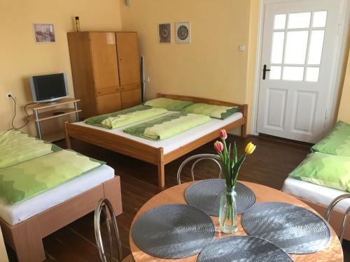 a room with two beds and a table and chairs at Apartman u Karla in Veľký Meder