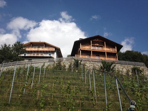 deux bâtiments au sommet d'une colline plantée de vignes dans l'établissement Maso Fallmerayer - Fallmerayerhof, à Bressanone