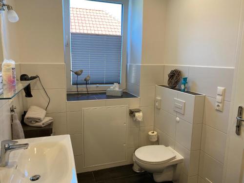 een badkamer met een toilet, een wastafel en een raam bij Freimuth`s Hof in Südbrookmerland