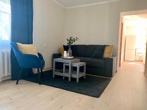 een woonkamer met een bank en een tafel bij Centro Apartamentai in Zarasai