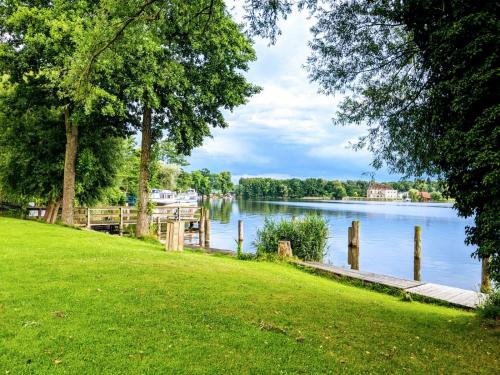 ミローにあるAlte Schlossbrauereiの木々と草原のある湖の景色