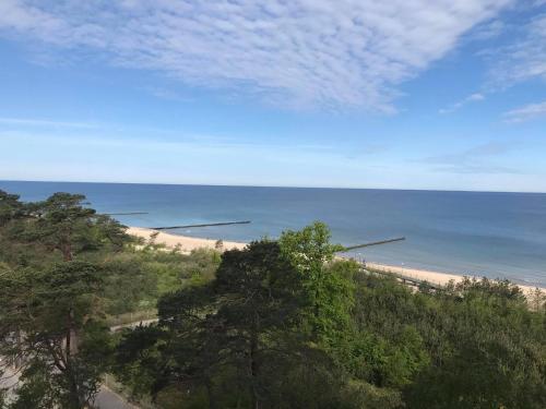 vista su una spiaggia alberata e sull'oceano di Apartament Słoneczny przy plaży a Dziwnówek