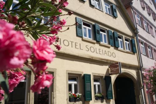 budynek z różowymi kwiatami przed nim w obiekcie Soleiado Hotel w mieście Bietigheim-Bissingen