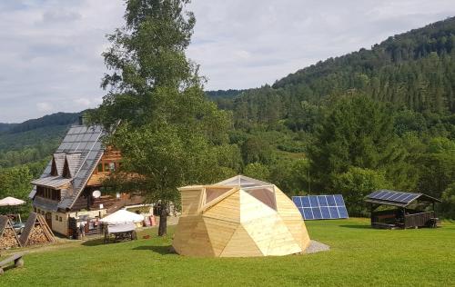 una tenda nell'erba di fronte a una casa di Bacówka PTTK Jaworzec a Wetlina