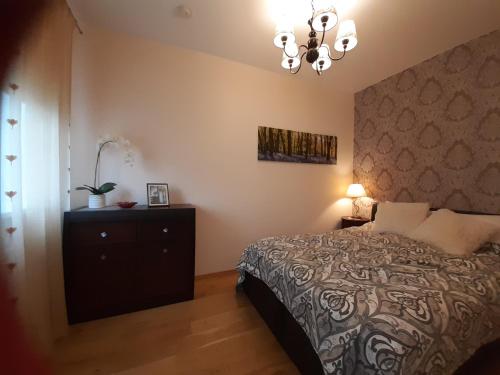 um quarto com uma cama e um lustre em Akord Apartment Centrum with FREE PARKING em Pärnu