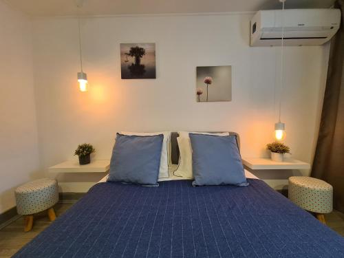 a bedroom with a blue bed with blue pillows at NinePlace by LouzanPlace's in Lousã