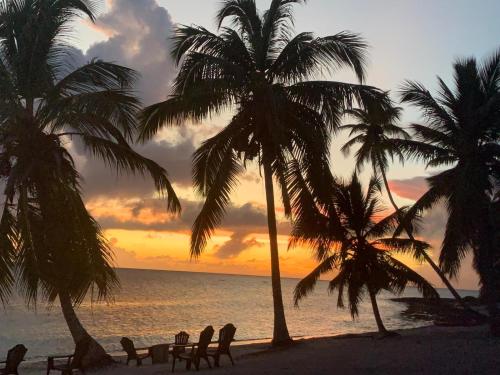 un tramonto su una spiaggia con palme e sedie di Casa Rural El Paraíso de Saona a Mano Juan