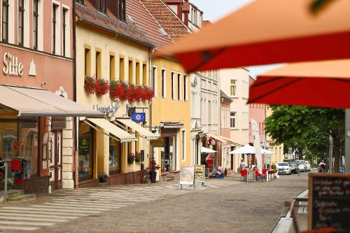 une rue dans une ville avec des bâtiments et des boutiques dans l'établissement Hotel-Pension zum Markt, à Torgau